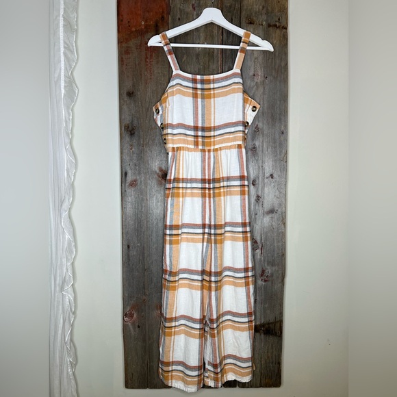 American Eagle Plaid Cotton Linen Cropped Wide Leg Jumpsuit size 6 - Picture 14 of 14